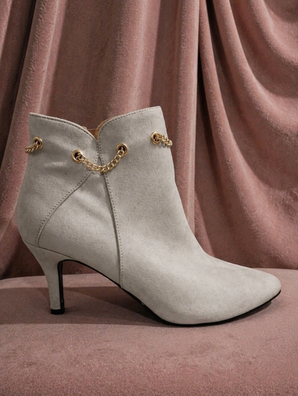 Allegra K Gray Faux Suede Ankle Boots with Gold Chain
